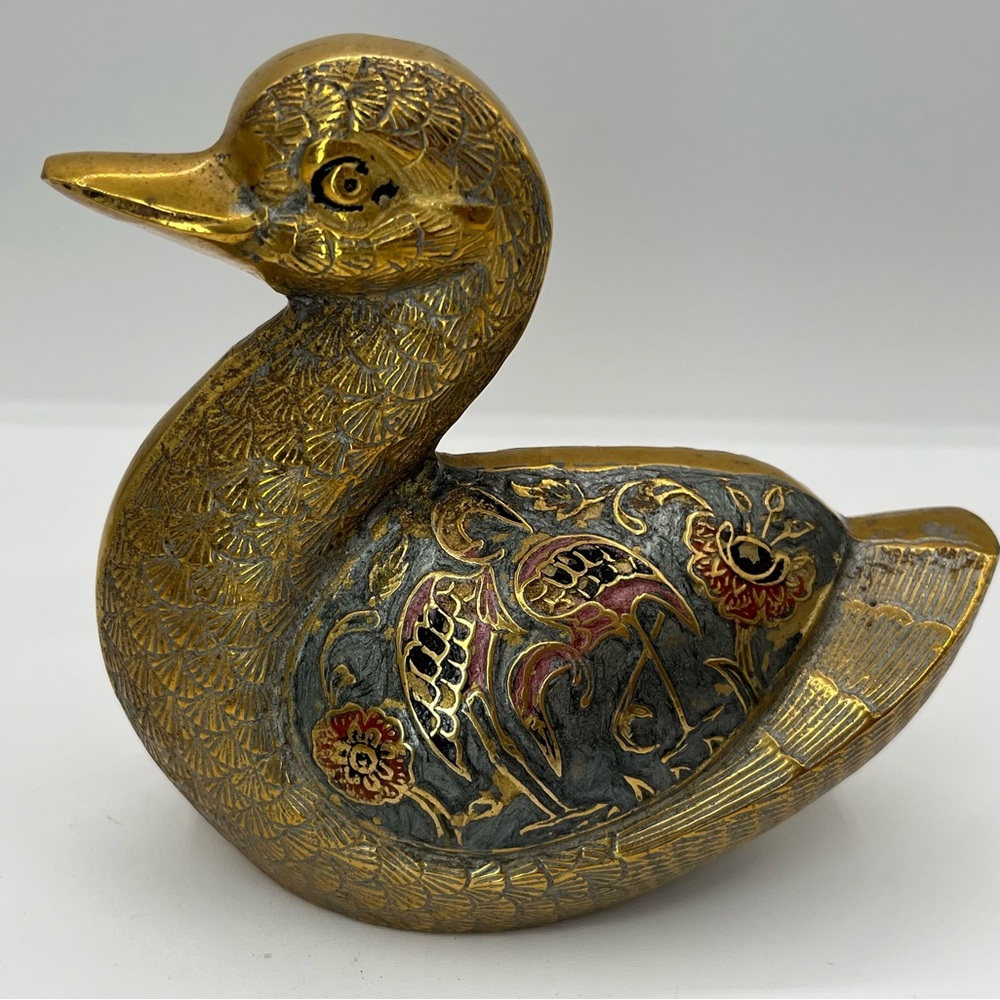 Vintage Brass Duck Figurine Cloisonné Hand Painted Enamel Flamingos/Cranes ￼